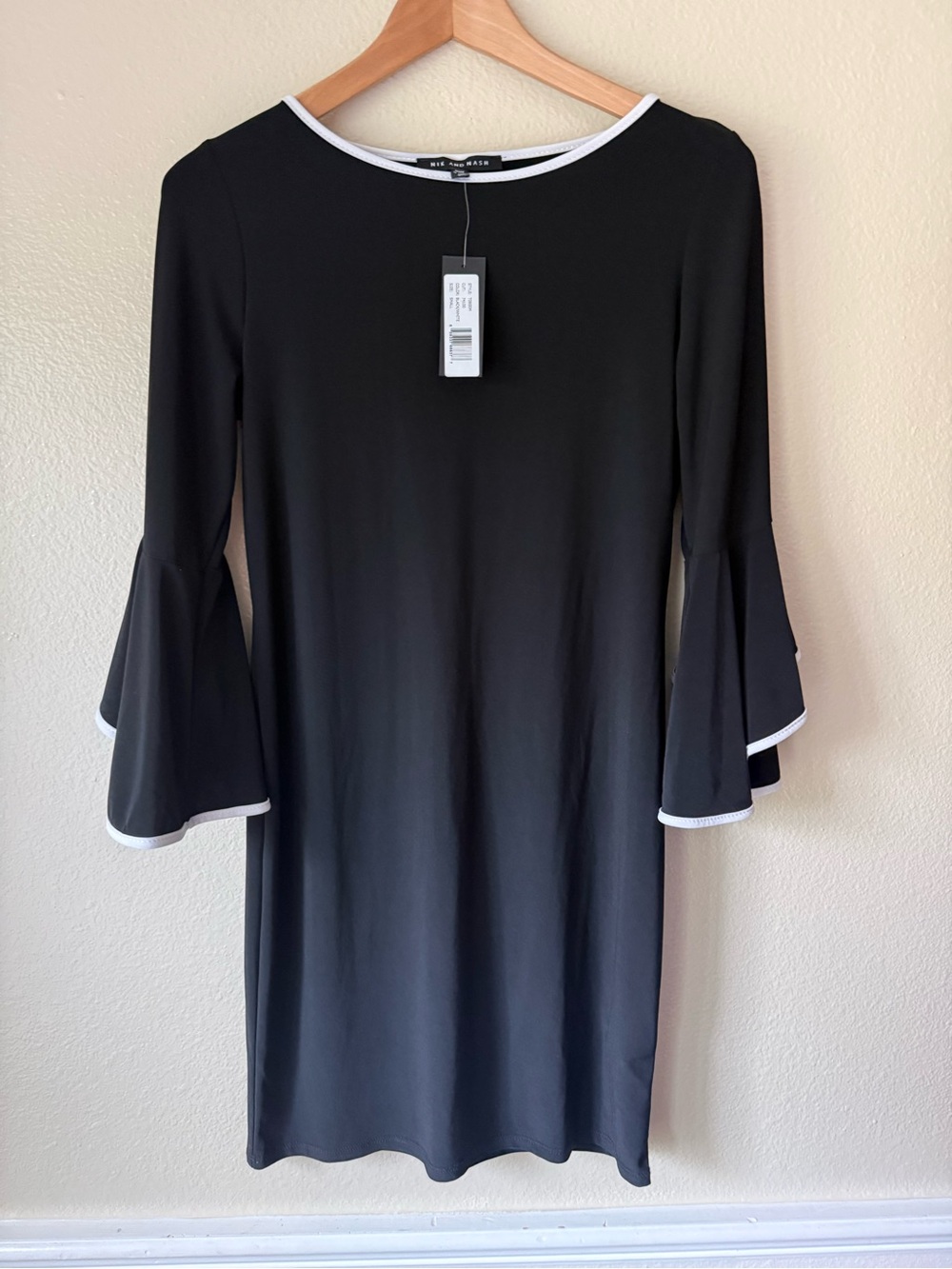 Black Long-Sleeve Bell Cuff Shift Dress with White Trim